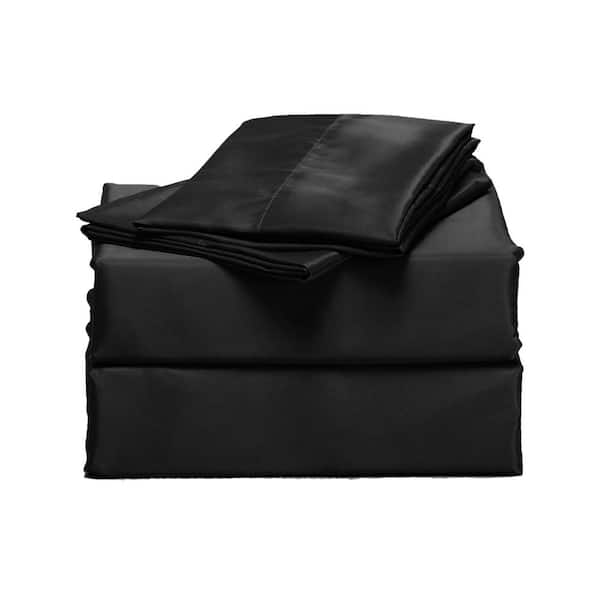 Luxury Home 4-Piece Black Solid Satin Microfiber Full Sheet Set