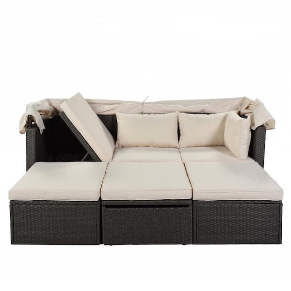 cenadinz Outdoor Patio Rectangle Daybed with Retractable Canopy, Wicker Outdoor Day Bed with Beige Washable Cushions