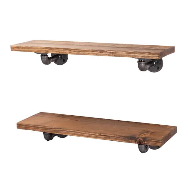 24 in. x 7.5 in. x 6.75 in. Autumn Brown Restore Wood Decorative Wall Shelf with Industrial Steel Pipe L- Brackets