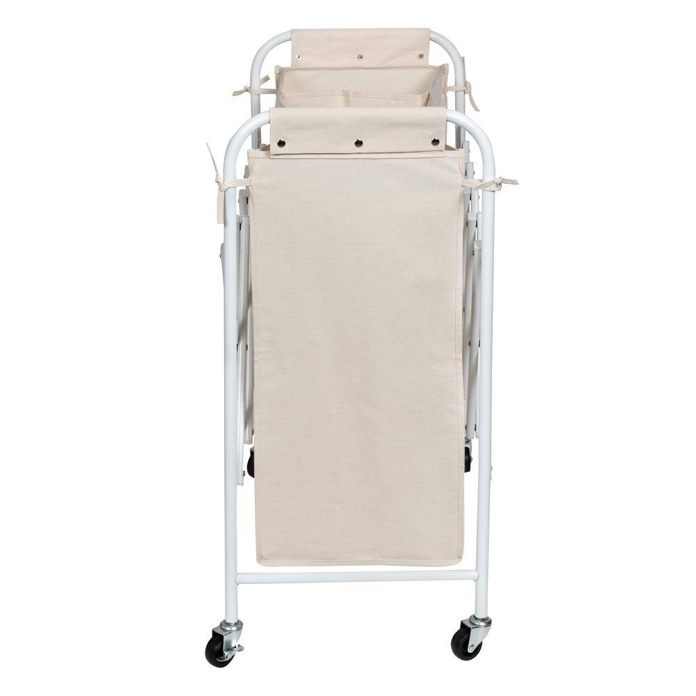 White Canvas Collapsible Triple Laundry Sorter with Wheels