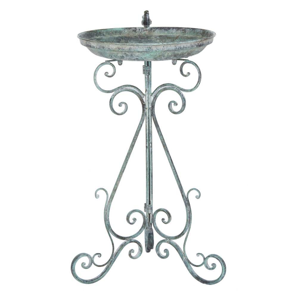 Ashlan Antique Dark Green Iron Bird Bath with Sculpted Bird
