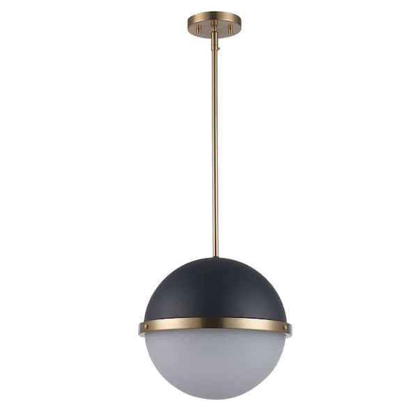 Nadine 12.75 in. 1-Light Black and Antique Gold Modern Pendant Light Fixture with Frosted Glass Globe Shade