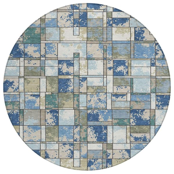 Chantille Machine Washable Indoor/Outdoor Abstract ACN2442 Blue 8 ft. x 8 ft. Round Rug