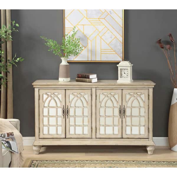Litton Lane Cream Distressed Wood 60 in. x 35 in. 4-Door Sideboard with Mirrored Cathedral Fretwork and Bronze Scrolled Handles
