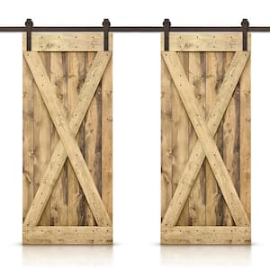 X Series 76 in. x 84 in. Pre-Assembled Weather Oak Stained Wood Interior Double Sliding Barn Door with Hardware Kit