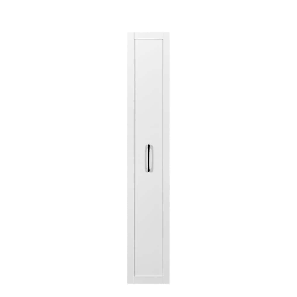 White freestanding storage cabinet with door and pull-out trays.