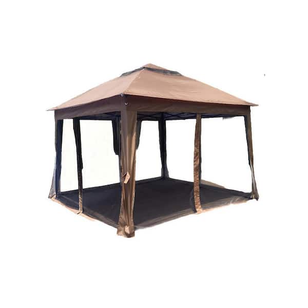 11 ft. x 11 ft. Brown Pop-Up Gazebo Canopy with Removable Zipper Netting, 2-Tier Soft Top, Roller Bag, Metal Frames