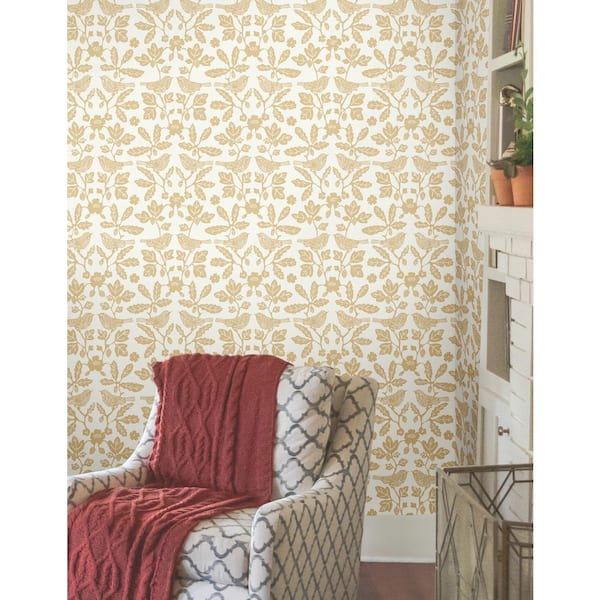 Ochre Yellow Sparrow and Oak Paper Peel and Stick Matte Wallpaper