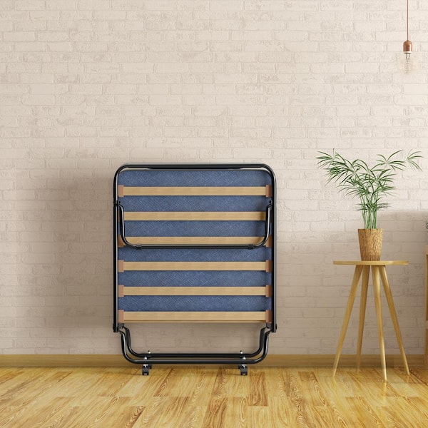 Blue Folding Bed Twin Rollaway Bed Metal Guest Bed Sleeper Made in Italy w/ Memory Foam Mattress