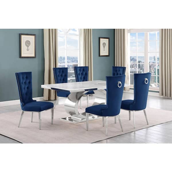Best Quality Furniture Ibraim 7-Piece Rectangle White Marble Top with Stainless Steel Base Dining Set with 6 Navy Blue Velvet Fabric Chairs