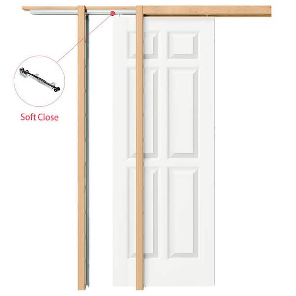 24 in. x 80 in. White Primed 6-Panel Wood Pocket Door with Soft Close, Frame and Full Accessories, Hollow Core