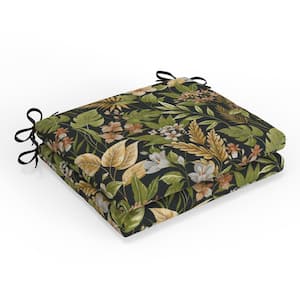 Tropic Floral Carena Ebony Green Square Outdoor Squared Corner Chair Seat Cushion with Ties (2-Pack)