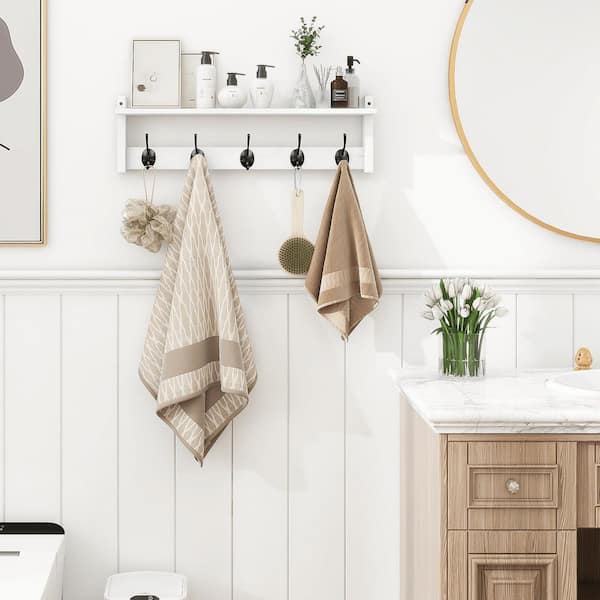 24 in. Rustic White Wall-Mounted Coat Rack with Shelf and 6 Metal Hooks for Entryway, Bathroom, Bedroom Storage