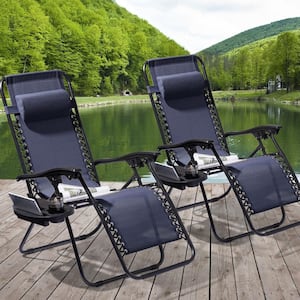 Folding Zero Gravity Metal Frame Recliner Outdoor Lounge Chair With Side Tray, Adjustable Headrest in Navy Blue (2-pack）