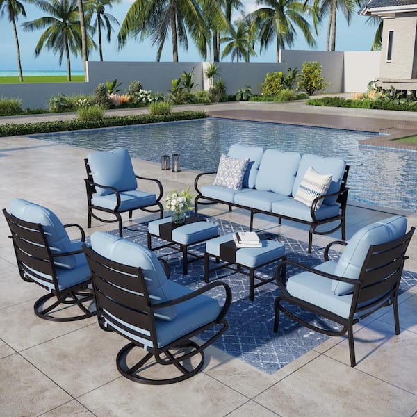 PHI VILLA Black Slatted 9-Seat 7-Piece Metal Outdoor Patio Conversation Set with Blue Cushions, 2 Swivel Chairs, 2 Ottomans
