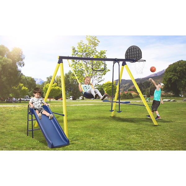 Unbranded LN20232278 Metal Outdoor Swing Set with Climbing Wall, Cover, Swing, and Tower Steel Frame, Swing n' Slide, Basketball Hoop - 2
