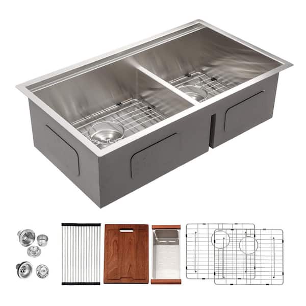 36 in. Undermount 50/50 Double Bowl 16 Gauge Stainless Steel Low Divide Workstation Kitchen Sink with Colander