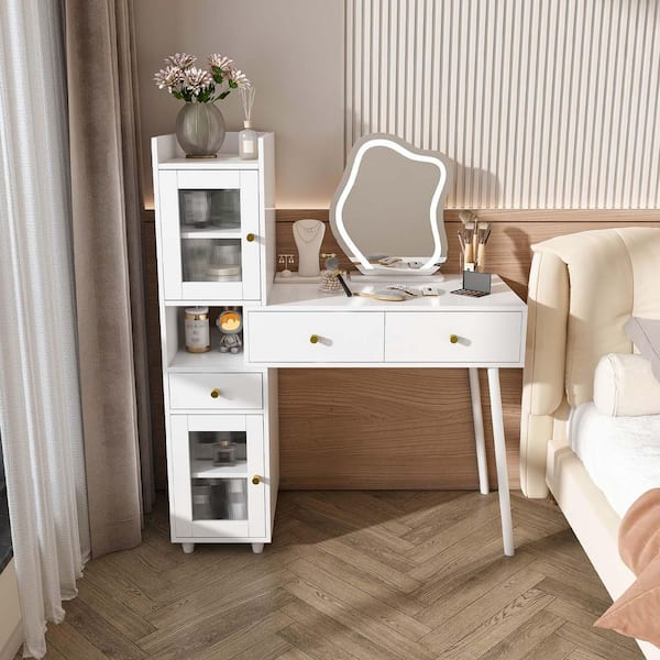 Unbranded White 3 Drawers Makeup Vanity Desk Dressing Table with LED Mirror & Open Shelves & 4 Hidden Cabinets (Transparent Doors)