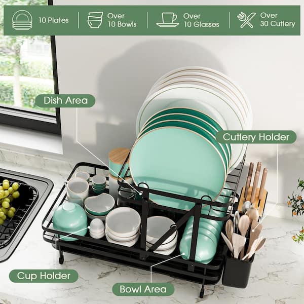 2 Tier Black Metal Foldable Dish Rack with Removable Drip Tray in 2023