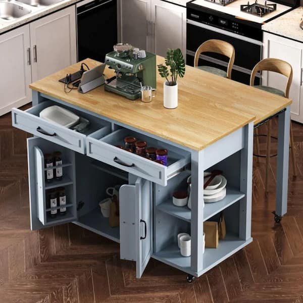 Unbranded Gray Blue Rubber Wood Veneer 47.2 in. Kitchen Island w/ Extendable Table, Storage Shelves, Power Outlet and Drawers