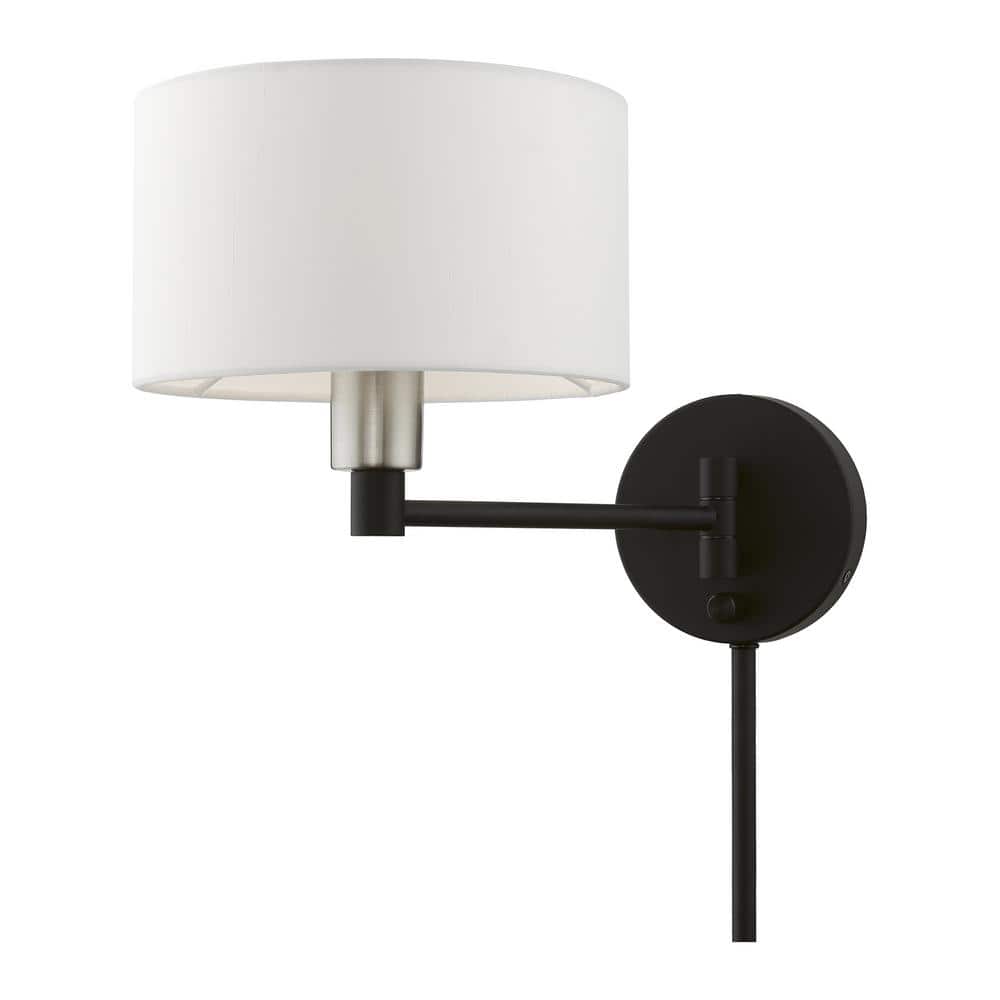 Black and Brushed Nickel Swing Arm Wall Lamp with Off-White Shade
