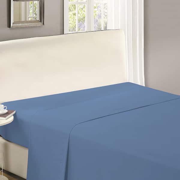 Shatex Blue Brushed Microfiber Fabric Queen Flat Bed Sheets Extra Soft Easy Care Queen Sheet
