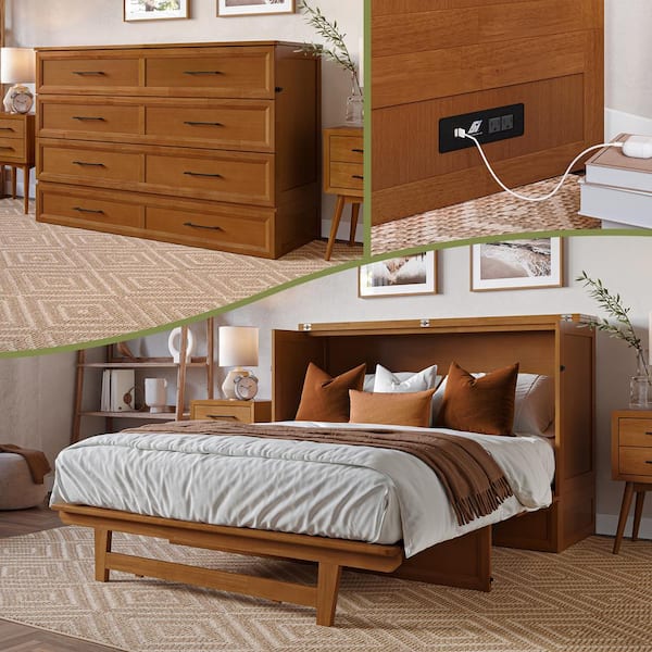 AFI Tucson Light Toffee Bronze Wood Frame Queen Size Murphy Bed Chest with Mattress, Storage Drawer and Built-in Charger