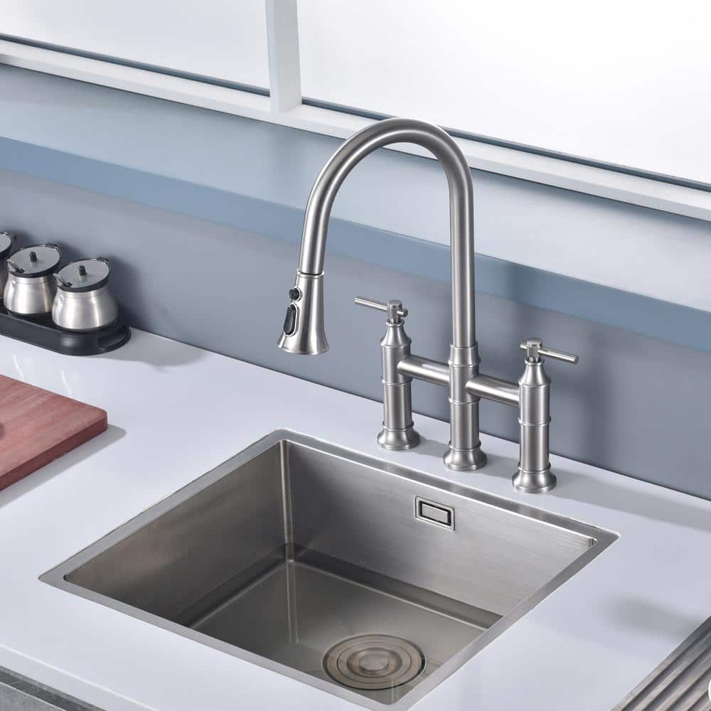 Brushed Nickel Double Handle Bridge Kitchen Faucet with Pull-out Spray