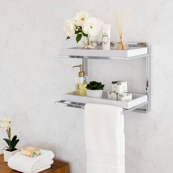 Wall Mount 3-Tier White and Chrome Bathroom Shelf with Towel Bar and Removable Trays