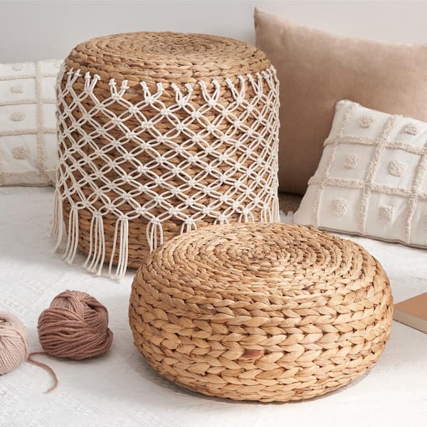 Unbranded Light Brown Wicker Seagrass Water Hyacinth Woven Round Pouf for Zen, Meditation, Yoga and Home Decoration
