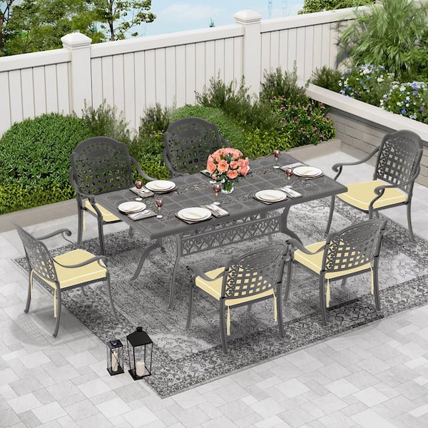 Runesay 7-Piece Set Of Cast Aluminum Patio Outdoor Dining Set with Random Colors Cushions and Black Frame