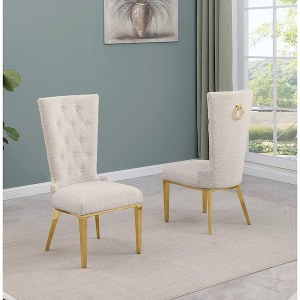 Best Quality Furniture Shirley Cream Boucle Fabric Side Chair Set of 2 with Gold Stainless Steel Legs
