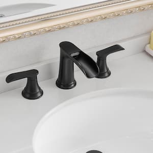 Waterfall Double Handle 3-Hole 8 in. Widespread Bathroom Faucet with Pop Up Drain in Matte Black