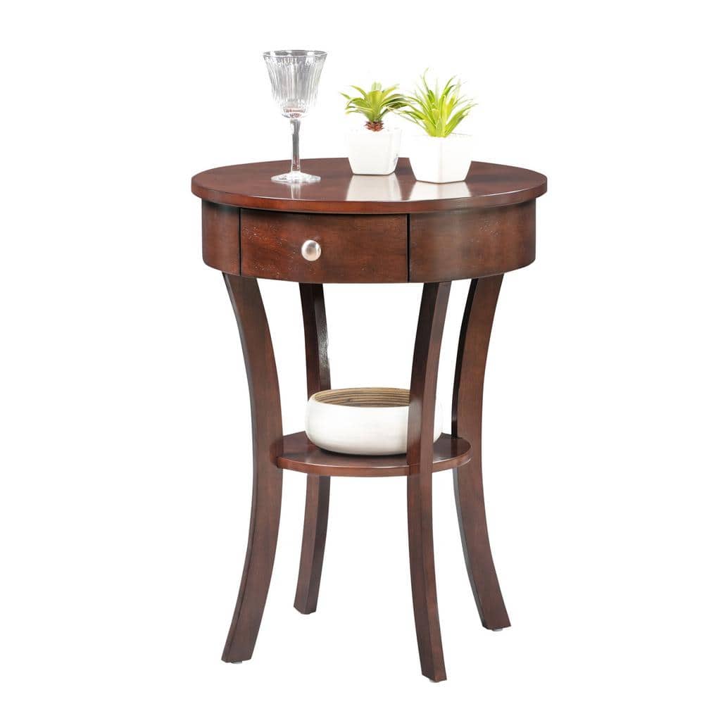 Espresso Round Wood End Table with Storage Drawer