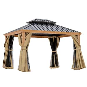 10 ft. x 12 ft. Double Roof Hardtop Wood Grain Aluminum Patio Gazebo with Netting and Khaki Curtains
