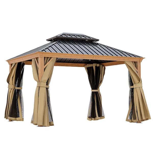 ChillPavilion 10 ft. x 12 ft. Double Roof Hardtop Wood Grain Aluminum ...