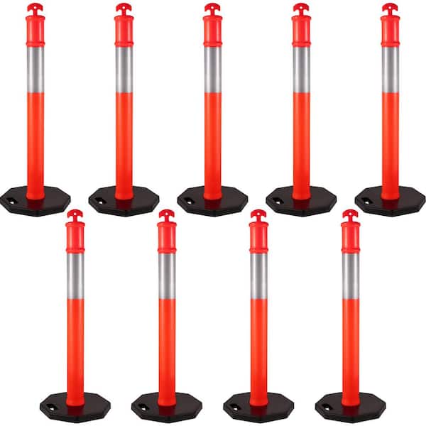 Traffic Cones Posts 9-Pieces 44 in. Height, Cones Post Kit 10 in. Reflective Band, Delineators Post with Rubber Base