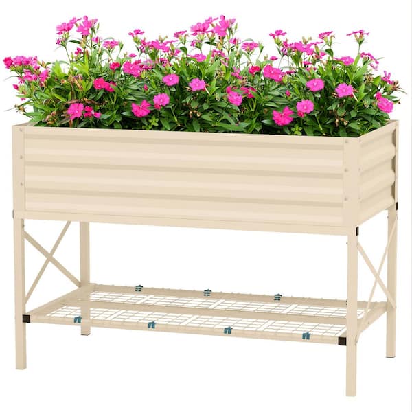 Unbranded Cream Galvanized Steel Raised Garden Bed, Storage Shelf, Bed Liner, Elevated Planter Box with Legs for Flowers, Herbs
