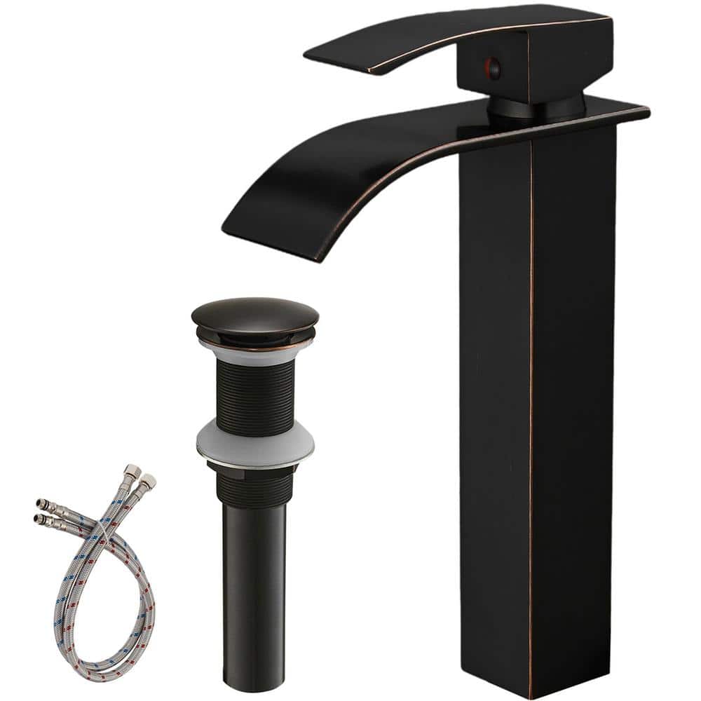 Single Handle Waterfall Bathroom Vessel Sink Faucet with Pop-Up Drain 1-Hol