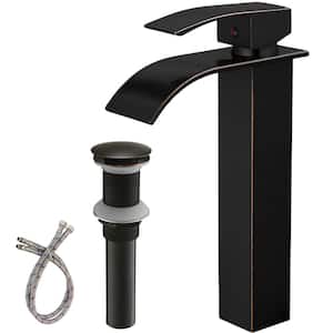 Single Handle Waterfall Bathroom Vessel Sink Faucet with Pop-Up Drain 1-Hole High Tall Bathroom Tap in Oil Rubbed Bronze