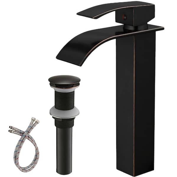 Unbranded Single Handle Waterfall Bathroom Vessel Sink Faucet with Pop-Up Drain 1-Hole High Tall Bathroom Tap in Oil Rubbed Bronze