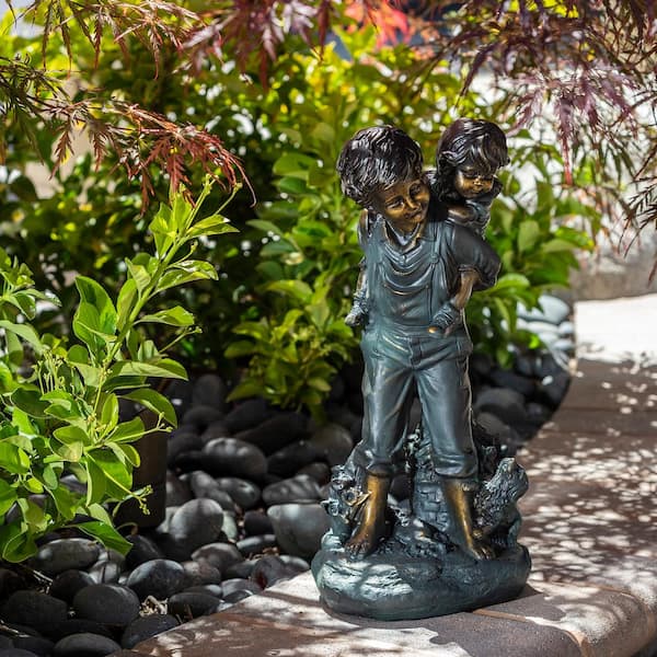16 in. Tall Indoor/Outdoor Patina Finish Piggyback Kids Yard Statue Decoration