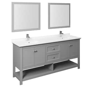 Manchester 72 in. W Bathroom Double Bowl Vanity in Gray with Quartz Stone Vanity Top in White with White Basins, Mirrors