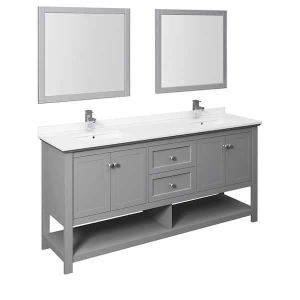 Fresca Manchester 72 in. W Bathroom Double Bowl Vanity in Gray with Quartz Stone Vanity Top in White with White Basins, Mirrors