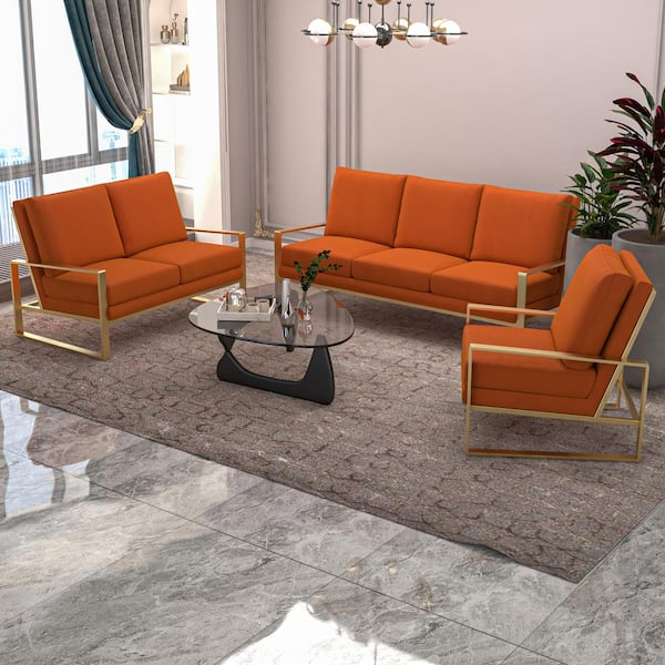 3-Piece Sofa Set Upholstered in Velvet with Gold Stainless Steel Base and Removable Cushions Orange