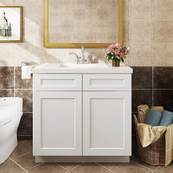 Hausvita 36 in. W x 21 in. D x 34.5 in. H in Shaker White Plywood Ready to Assemble Floor Vanity Sink Base Kitchen Cabinet