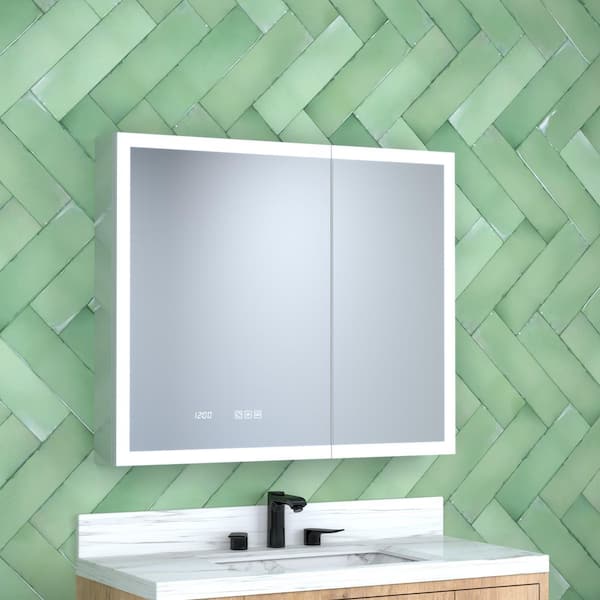 36 in. H x 30 in. W Silver Rectangular Aluminum Dimmable LED Light Recessed/Surface Medicine Cabinet with Mirror