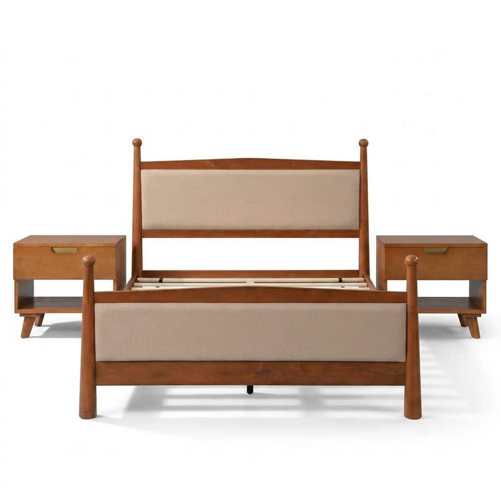 Farmhouse Cherry Brown Solid Wood Frame Queen Platform Bed with Beige Upholstered Headboard and 2 Nightstands