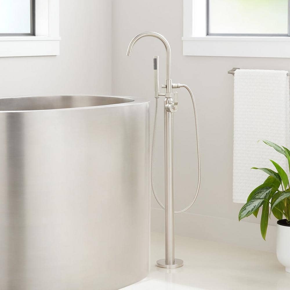 Brushed Nickel Floor Mounted Bathtub Faucet with Handshower