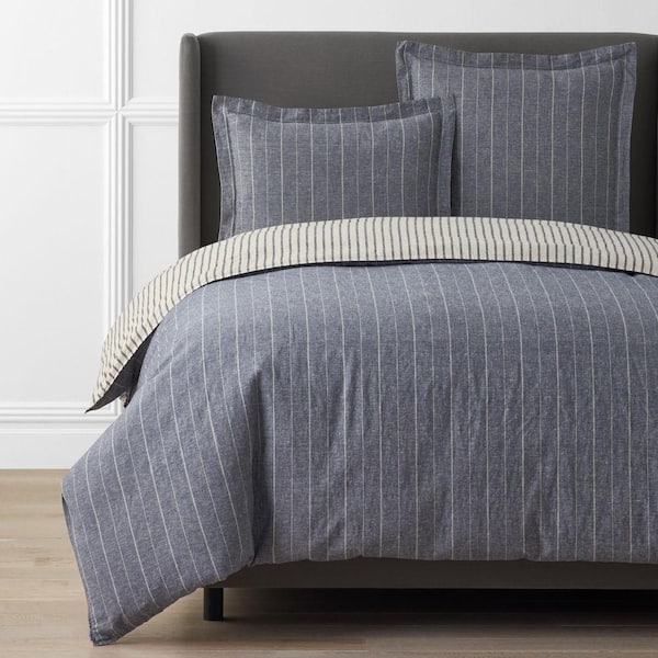 Legends Hotel Washed Linen Cotton Yarn-Dyed Wide Stripe Deep Navy Twin XL Duvet Cover